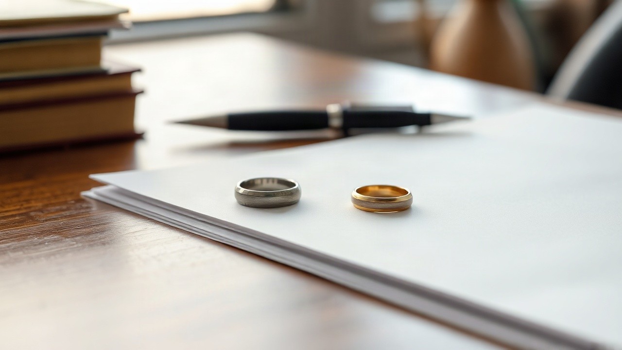 Zwei Eheringe liegen auf einer geschlossenen Akte als Symbolbild zur Amy Schumer Scheidung – Symbolbild, KI-erzeugt