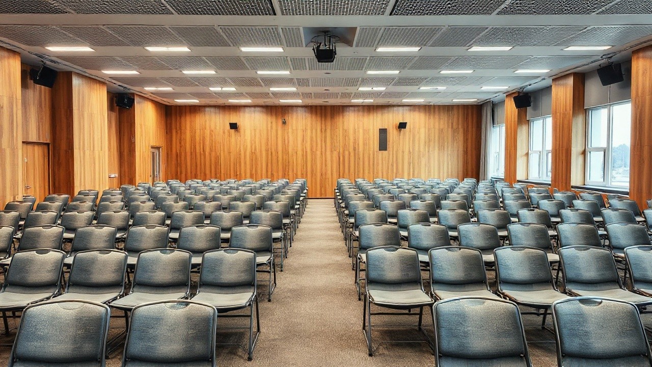Ein sachliches Motiv des Arbeiterkammer-Gebäudes oder eines Konferenzraums mit leeren Stühlen im Querformat, nah und formatfüllend, keine erkennbaren Personen – Symbolbild, KI-erzeugt