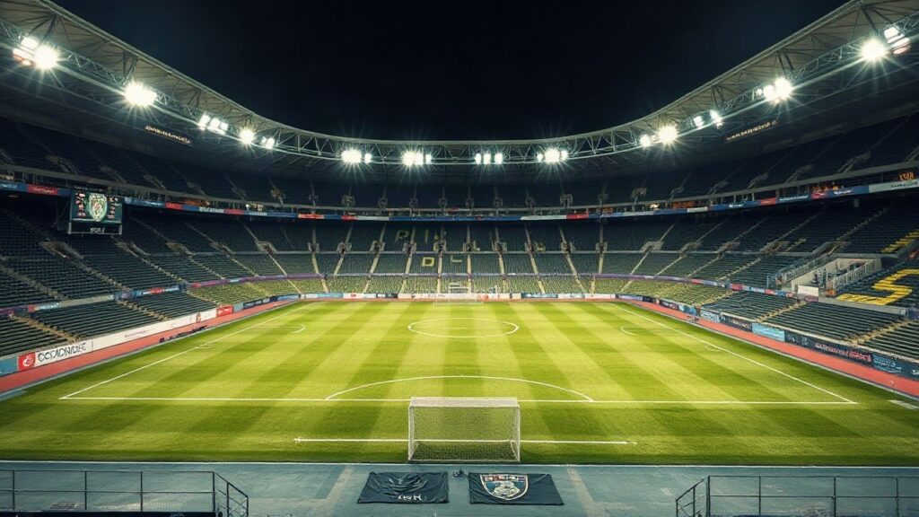 Ein leeres Fußballstadion mit grünem Rasen bei Flutlicht, sachliche Weitwinkelaufnahme ohne erkennbare Personen, Querformat 16:9 – Symbolbild, KI-erzeugt