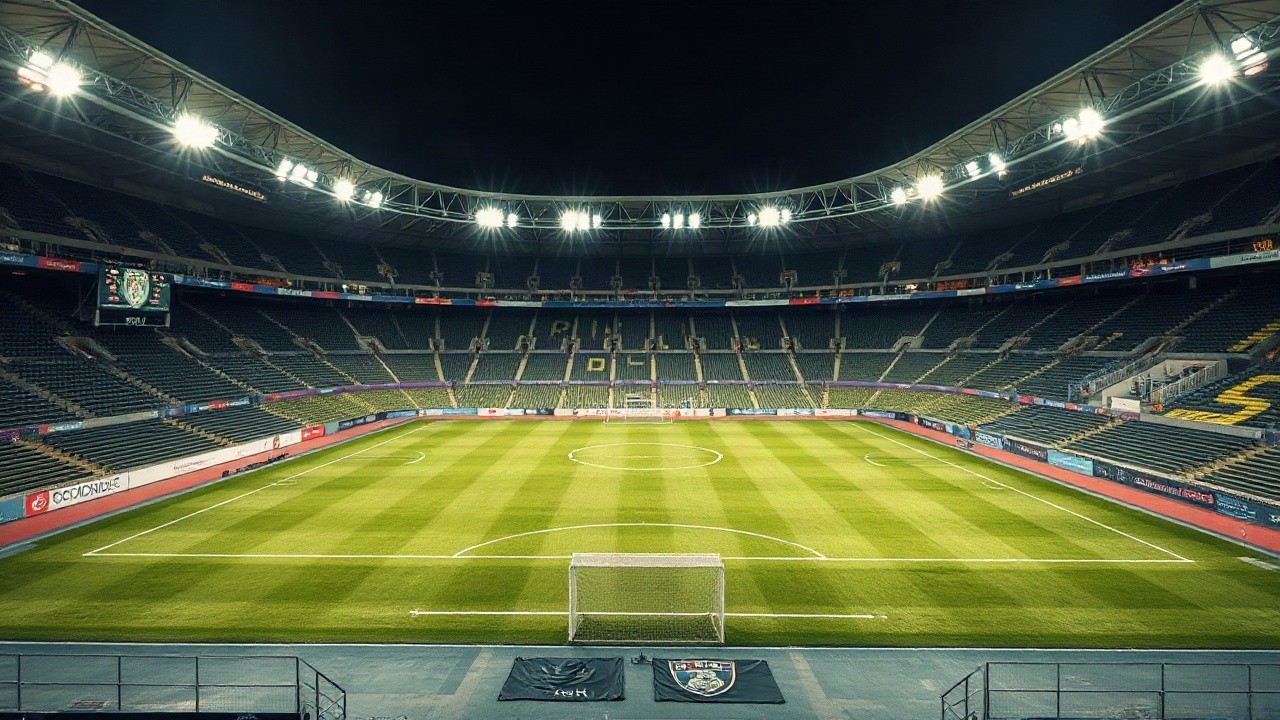 Ein leeres Fußballstadion mit grünem Rasen bei Flutlicht, sachliche Weitwinkelaufnahme ohne erkennbare Personen, Querformat 16:9 – Symbolbild, KI-erzeugt