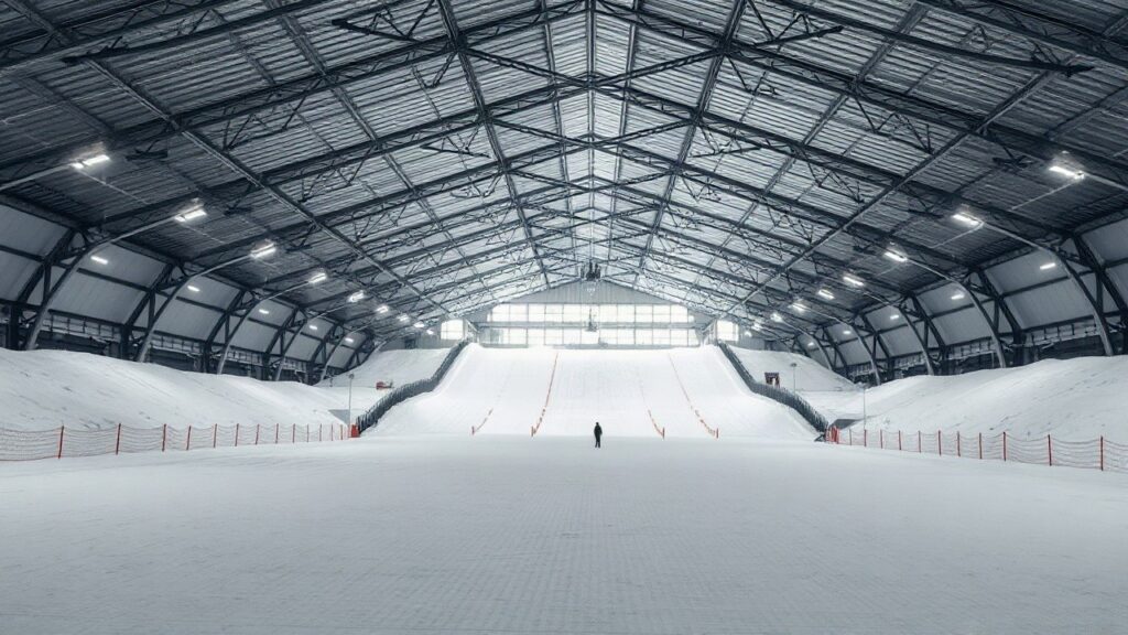 Leere Skihalle mit künstlicher Schneepiste, wie sie als Vorbild für eine mögliche Skihalle in Wien dient – Symbolbild, KI-erzeugt