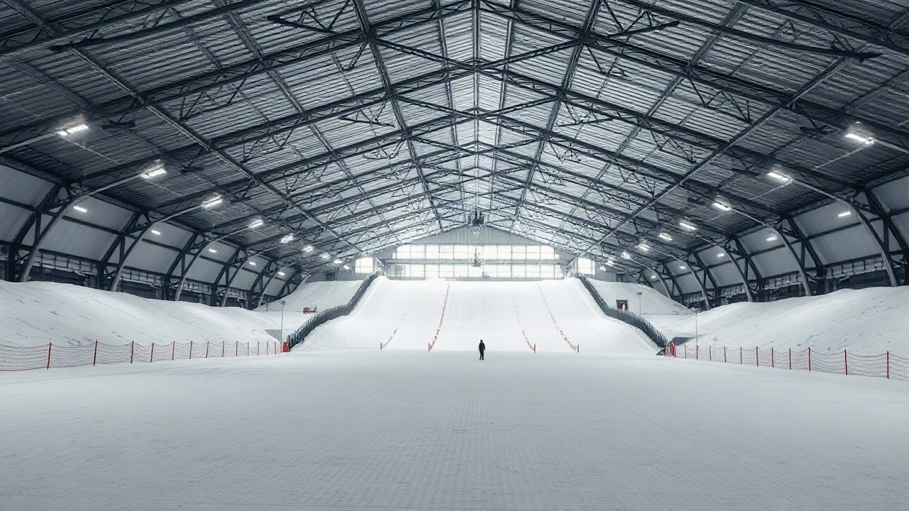 Leere Skihalle mit künstlicher Schneepiste, wie sie als Vorbild für eine mögliche Skihalle in Wien dient – Symbolbild, KI-erzeugt