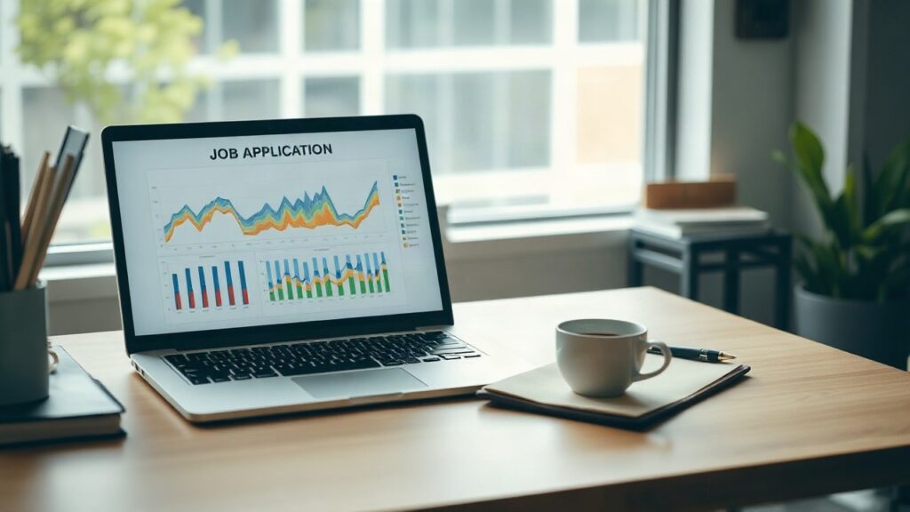 Ein aufgeräumter Schreibtisch mit Laptop symbolisiert die Jobsuche von Akademikern im Zeichen von KI Jobs Akademiker – Symbolbild, KI-erzeugt