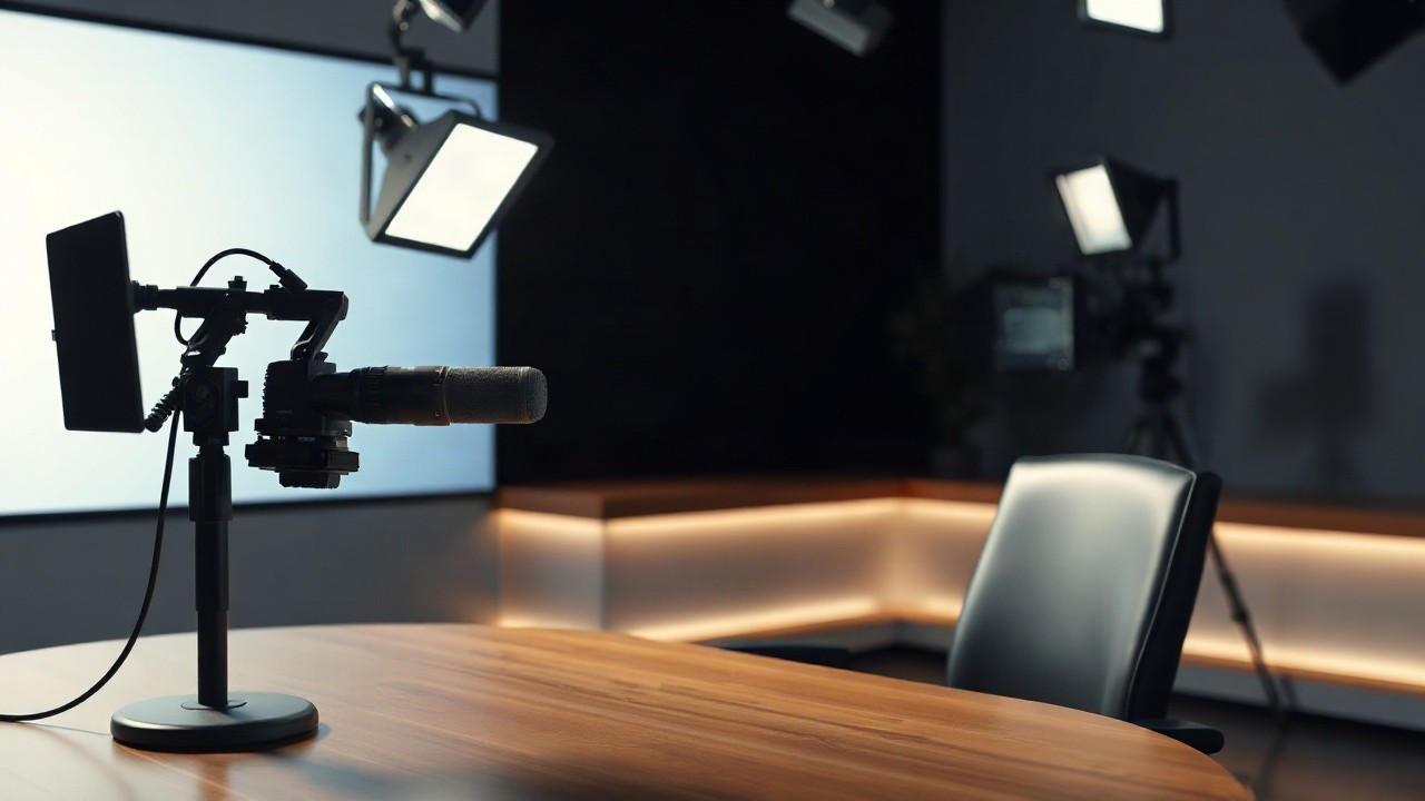 Ein leerer Nachrichtenstudio-Schreibtisch mit Mikrofon symbolisiert den Amanpour Abschied bei CNN – Symbolbild, KI-erzeugt