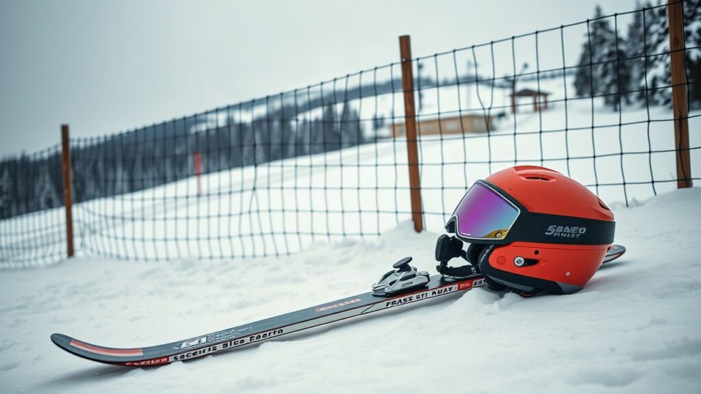 Skicross-Ausrüstung liegt im Schnee und symbolisiert das Karriereende im Skicross – Symbolbild, KI-erzeugt