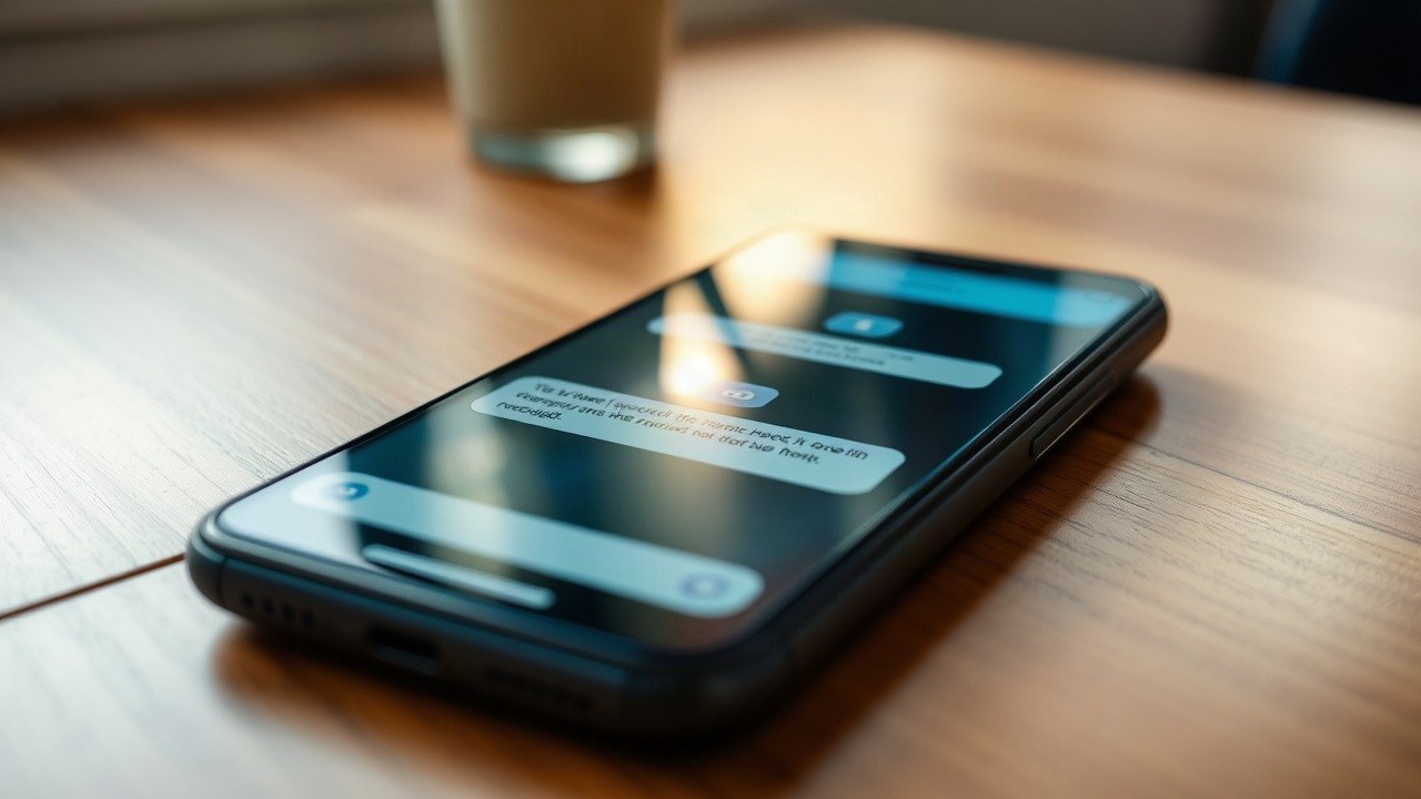 Ein Smartphone mit einer unscharfen Chat-Oberfläche symbolisiert die Kontaktaufnahme bei einem Romance Scam – Symbolbild, KI-erzeugt