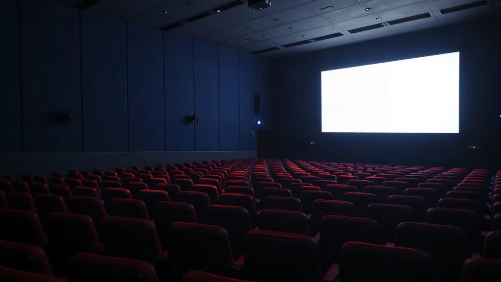 Ein leerer Kinosaal mit beleuchteter Leinwand steht sinnbildlich für den Kinostart des Frances-Haugen-Films – Symbolbild, KI-erzeugt