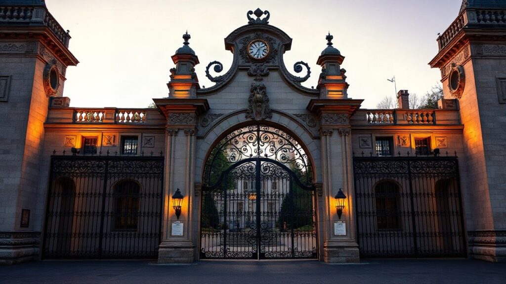 Ein barockes Schlosstor im Abendlicht steht sinnbildlich für den Rückzugsort, an dem Harald Glööckler abseits der Bühne eigentlich scheu wirkt – Symbolbild, KI-erzeugt