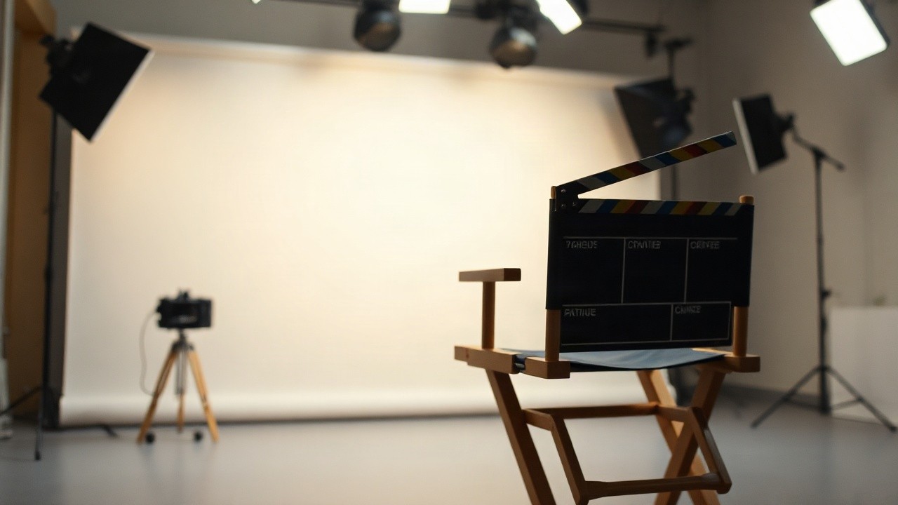 Ein leeres Filmset mit Klappe und Regiestuhl symbolisiert Jenna Ortegas angekündigte Pause vom Fernsehen – Symbolbild, KI-erzeugt