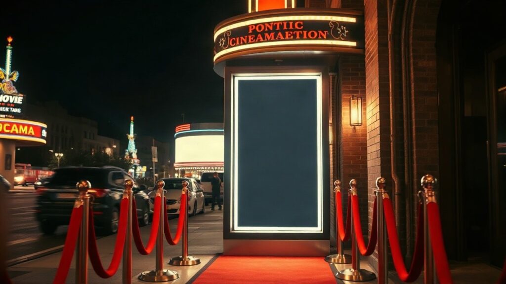 Ein beleuchteter Kino-Schaukasten bei Nacht symbolisiert das Gerücht um Brettifer rund um Jennifer Lopez und Brett Goldstein – Symbolbild, KI-erzeugt