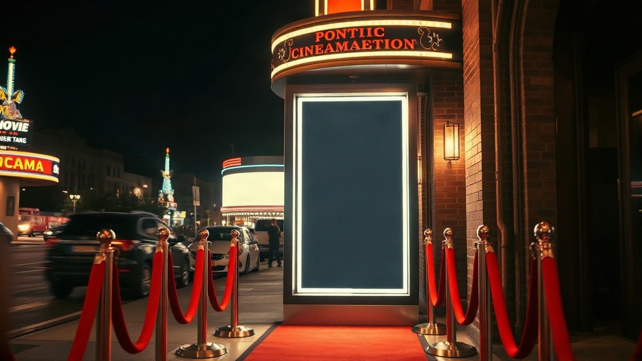 Ein beleuchteter Kino-Schaukasten bei Nacht symbolisiert das Gerücht um Brettifer rund um Jennifer Lopez und Brett Goldstein – Symbolbild, KI-erzeugt