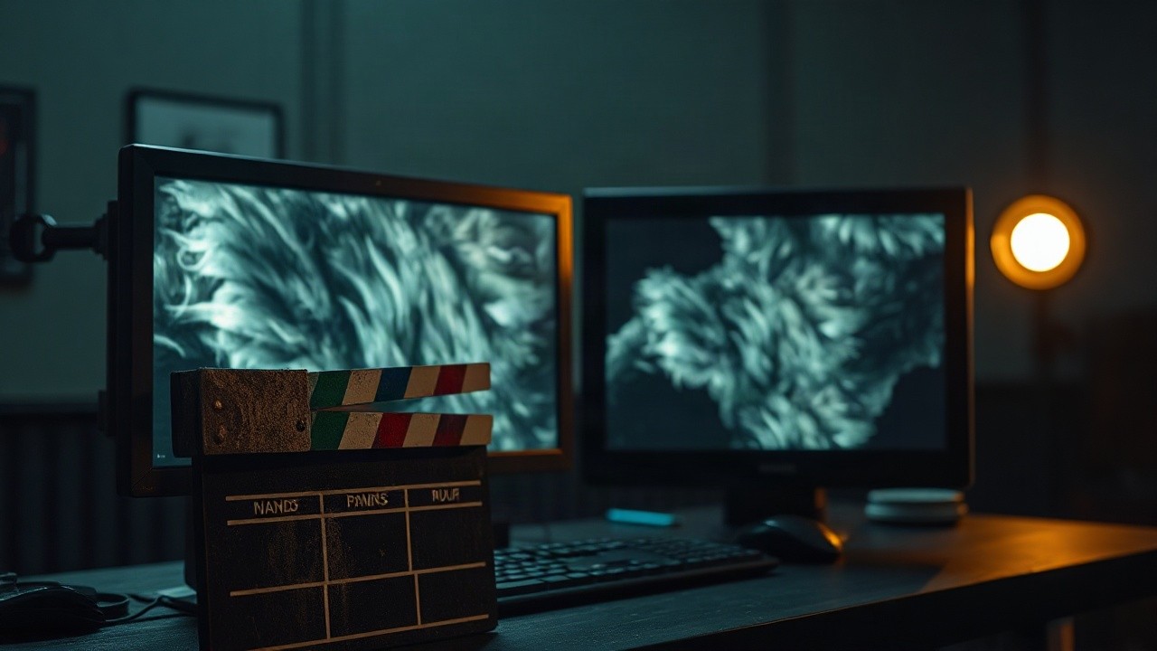 Ein Filmklappen-Set und ein Computerbildschirm mit digitalen Effekten stehen sinnbildlich für die Kritik von Judi Dench an der Cats-Verfilmung – Symbolbild, KI-erzeugt