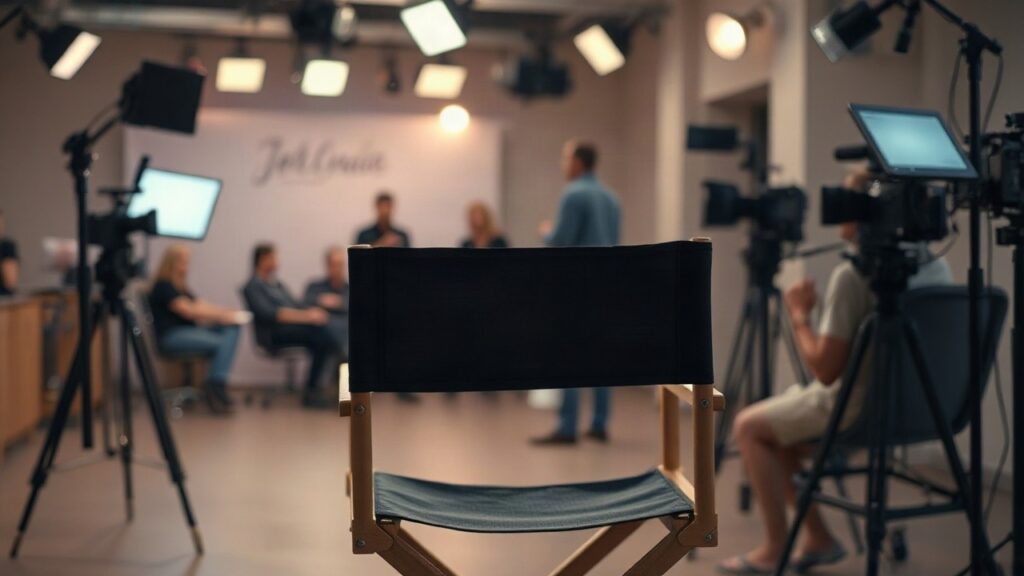 Ein leerer Regiestuhl an einem TV-Filmset steht sinnbildlich für das erste Statement von Jürgen Vogel zu Luna Jordan – Symbolbild, KI-erzeugt