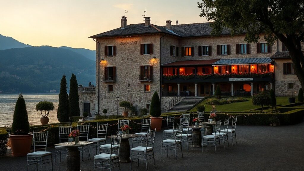 Die Villa Arcadio am Gardasee, Schauplatz von Julian Nagelsmanns Hochzeit, bei goldenem Abendlicht – Symbolbild, KI-erzeugt