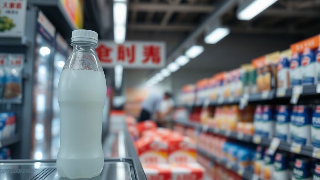 Eine Getränkeflasche im Supermarktregal symbolisiert den Werbedeal, der nach dem Mbappe-Meme beendet wurde – Symbolbild, KI-erzeugt
