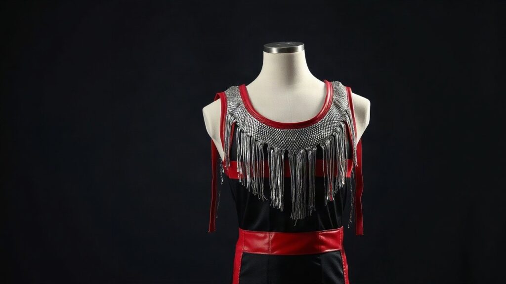 Ein glitzerndes Wrestling-Ring-Outfit auf einer Schneiderpuppe symbolisiert die WWE Outfit Auktion von Mercedes Mone – Symbolbild, KI-erzeugt