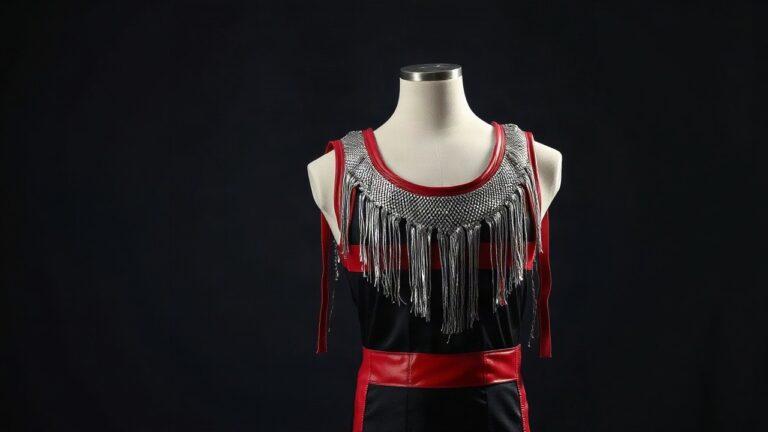 Ein glitzerndes Wrestling-Ring-Outfit auf einer Schneiderpuppe symbolisiert die WWE Outfit Auktion von Mercedes Mone – Symbolbild, KI-erzeugt