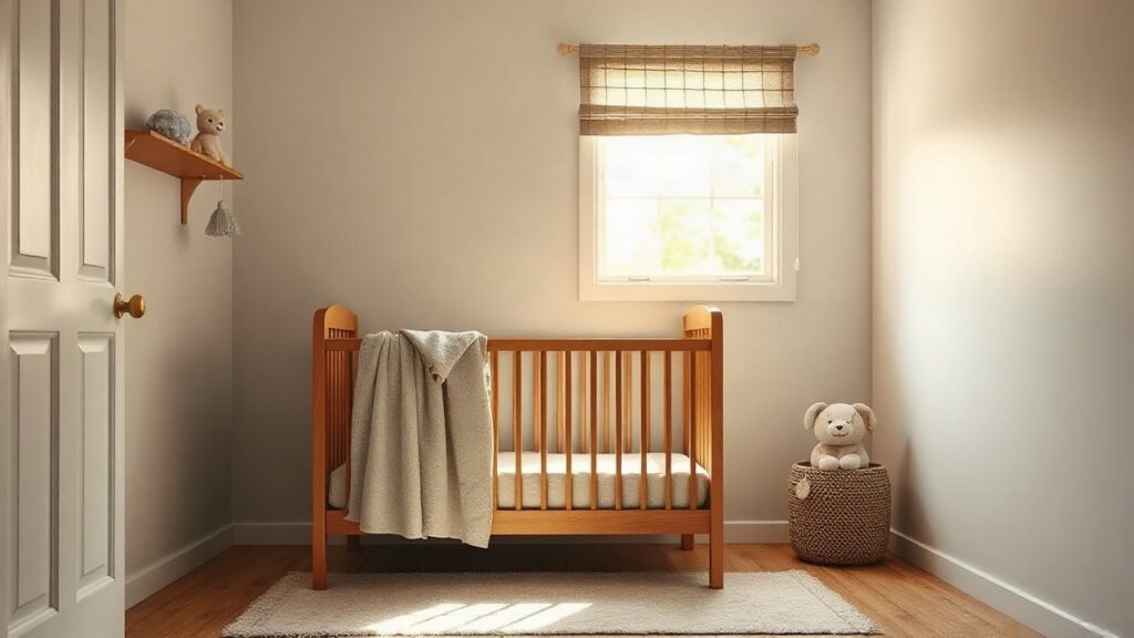 Ein ruhiges Kinderzimmer mit Wiege symbolisiert die Geburt von Natalie Portmans drittem Kind – Symbolbild, KI-erzeugt