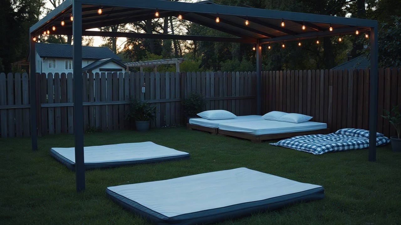 Matratzen liegen im Garten vor einem Pavillon, nachdem im Streit um Nico Legat beim Sommerhaus der Stars Betten aus dem Haus getragen wurden – Symbolbild, KI-erzeugt