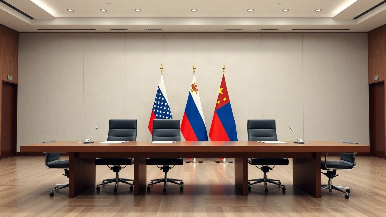 Ein leerer Konferenztisch mit Flaggen symbolisiert den geplanten Putin-Gipfel mit Trump und Xi – Symbolbild, KI-erzeugt