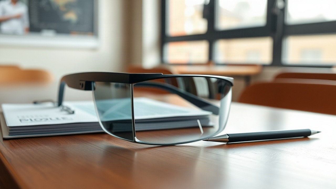 Eine Smartbrille mit integrierter Kamera liegt auf einem Schulpult, ein Symbolbild für die Debatte um die Smartbrille in der Schule – Symbolbild, KI-erzeugt
