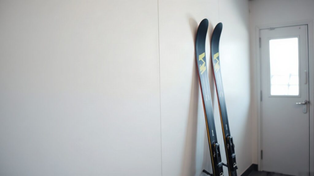 Ski-Sprungski lehnen in einem ruhigen Ausrüstungsraum, ein Symbolbild zur Trennung von Stefan Kraft und seinem bisherigen Ausrüster – Symbolbild, KI-erzeugt