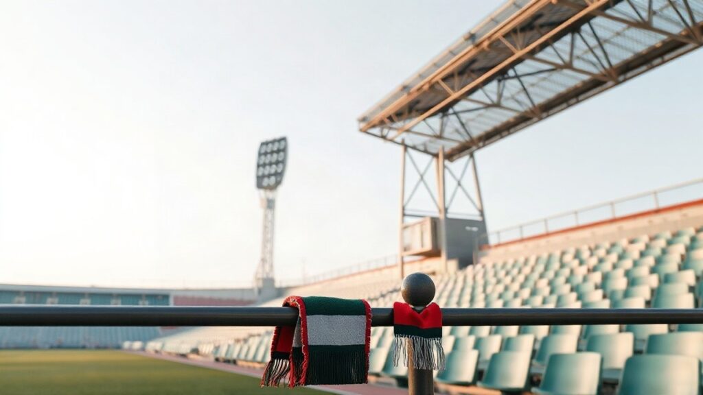 Leere Stadiontribüne mit grün-weißen Sitzen symbolisiert die Reise eines Hartberg-Fans aus Südkorea – Symbolbild, KI-erzeugt